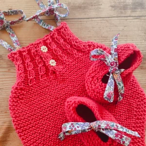 Ensemble barboteuse à torsades et ballerines en coton taille naissance