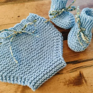 Bloomer « Léo-Léa » avec ruban en pur mérinos – bleu ciel – taille 0-3 mois