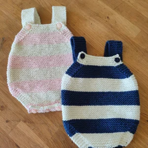 Barboteuse rayée coloris « rose/écru », « tournesol/écru » et « marine/écru » en pur coton (taille naissance à 6 mois)