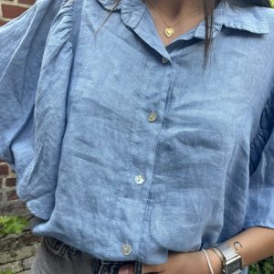 Blouse en lin manches volantes bleu jean
