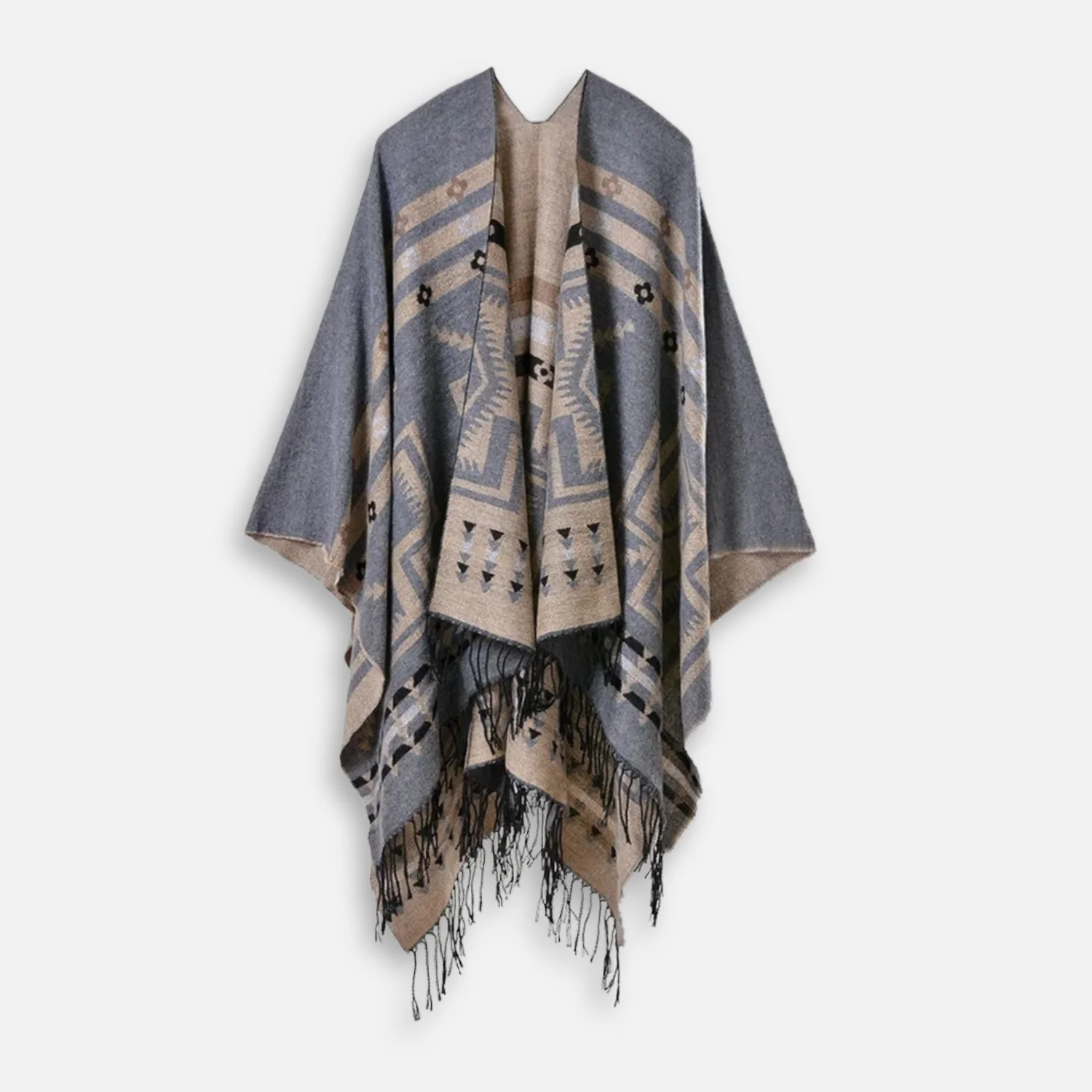 Poncho Gris Motifs Croix Mexicaine – Image 3