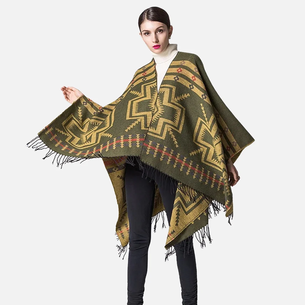 Poncho Kaki Motif Croix Mexicaine