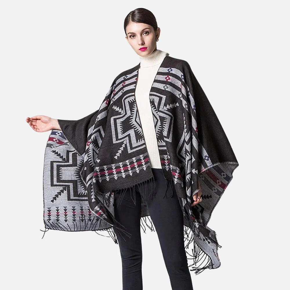 Poncho Noir Motifs Croix Mexicaine – Image 2
