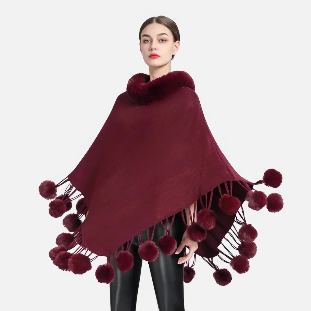 Poncho Femme Pompon