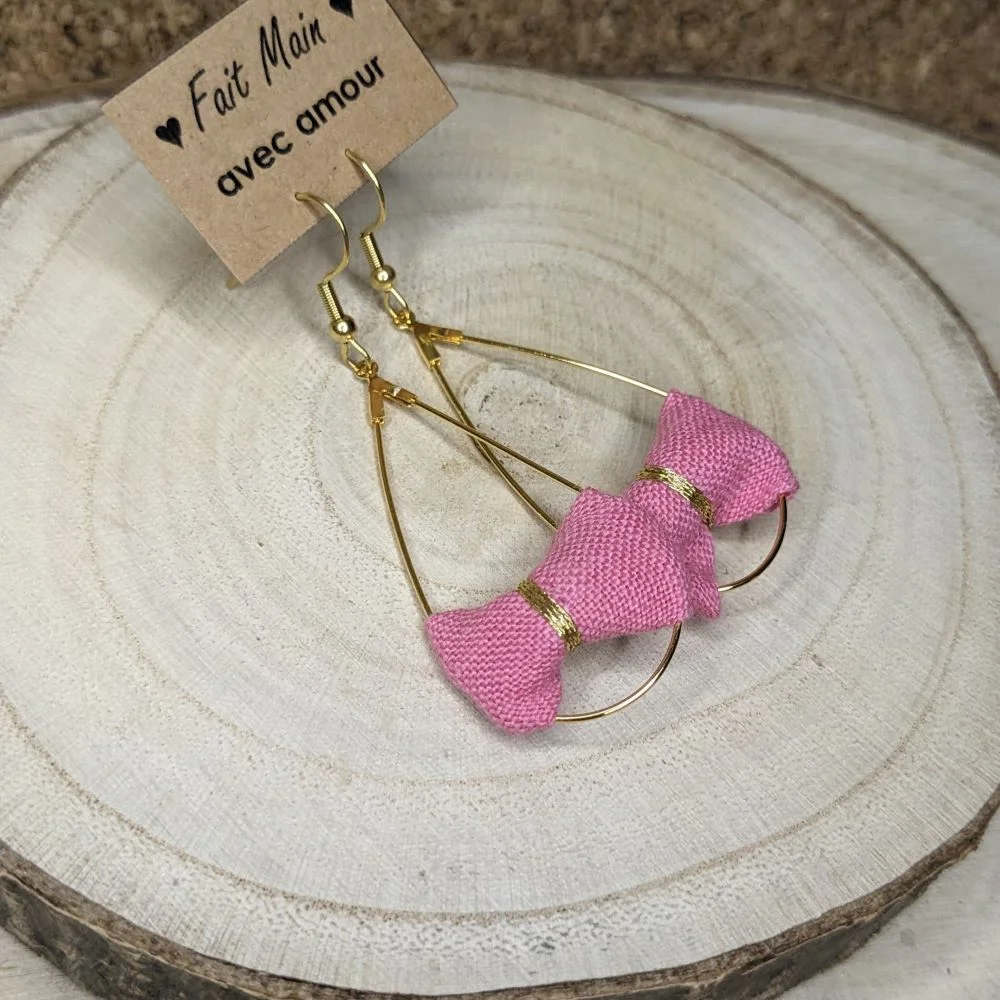 Boucles d’oreilles Gouttes lin conditionnel rose – Image 2
