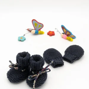 Ensemble « Eglantine » chaussons et moufles en pur mérinos (taille naissance à 9 mois)